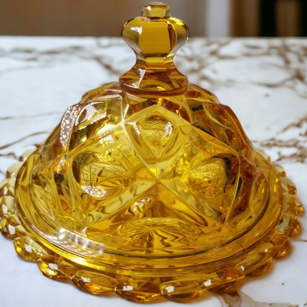 Honey Amber Butter Dish New Martinsburg Viking Glass Thumb Diamond Print - Picture 4 of 11